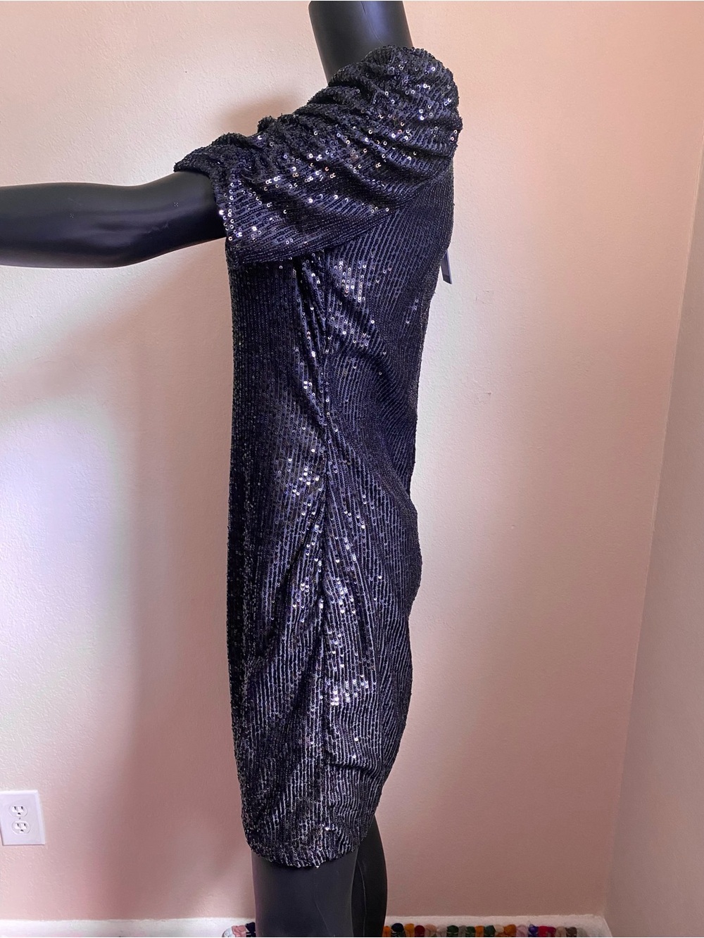 MARINA Black Ribbed Sparkling Sequin Mini Dress - Picture 5 of 11